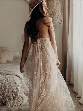 Sheer Embroidered Maxi Dress in Blush
